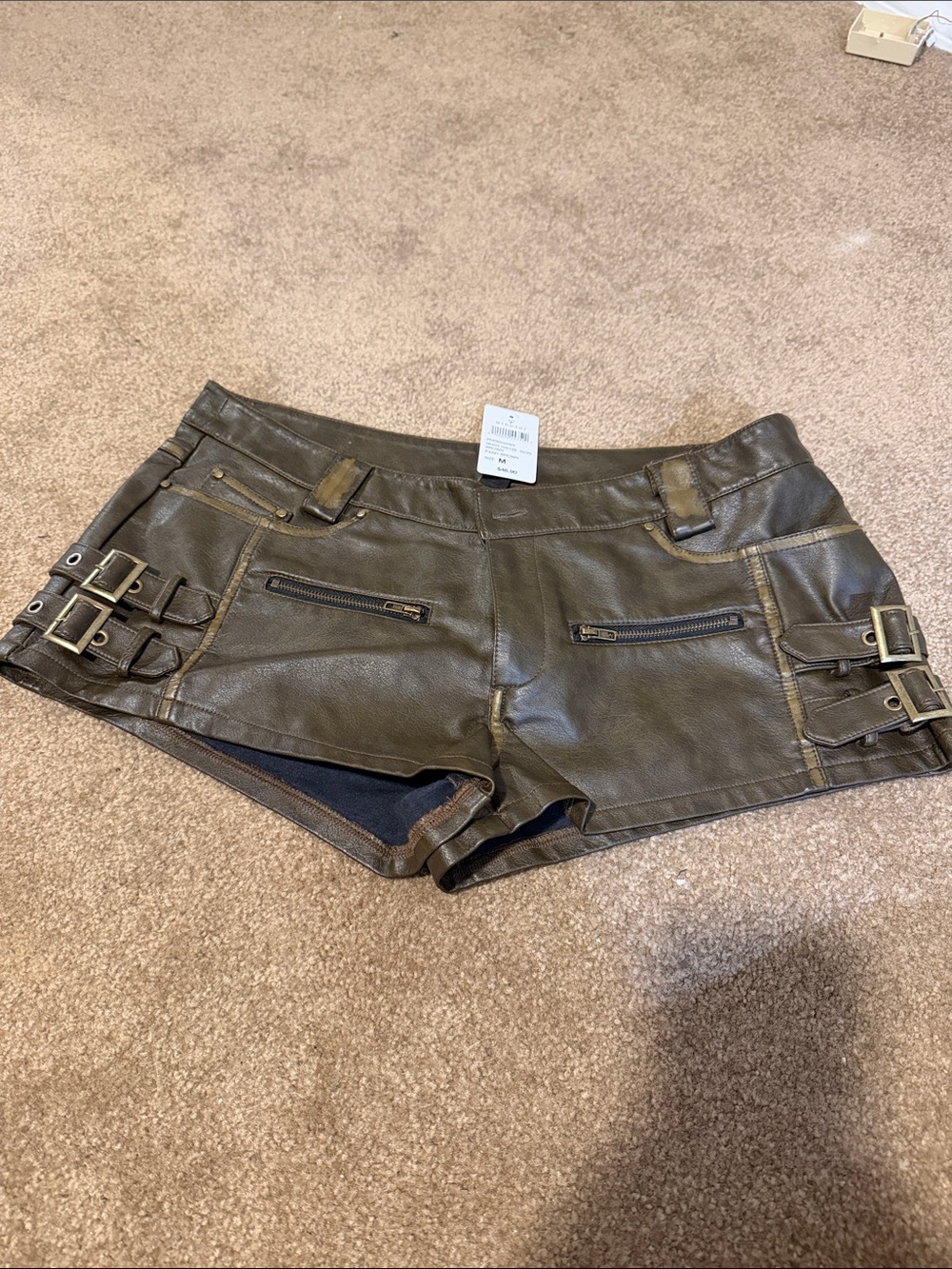 Windsor Olive Green Faux Leather Cargo Shorts with Buckle Details